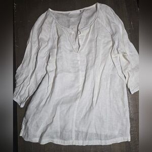 Elaine Kim Large Coastal White 100% Linen Blouse Beach Casual Vacation Classic